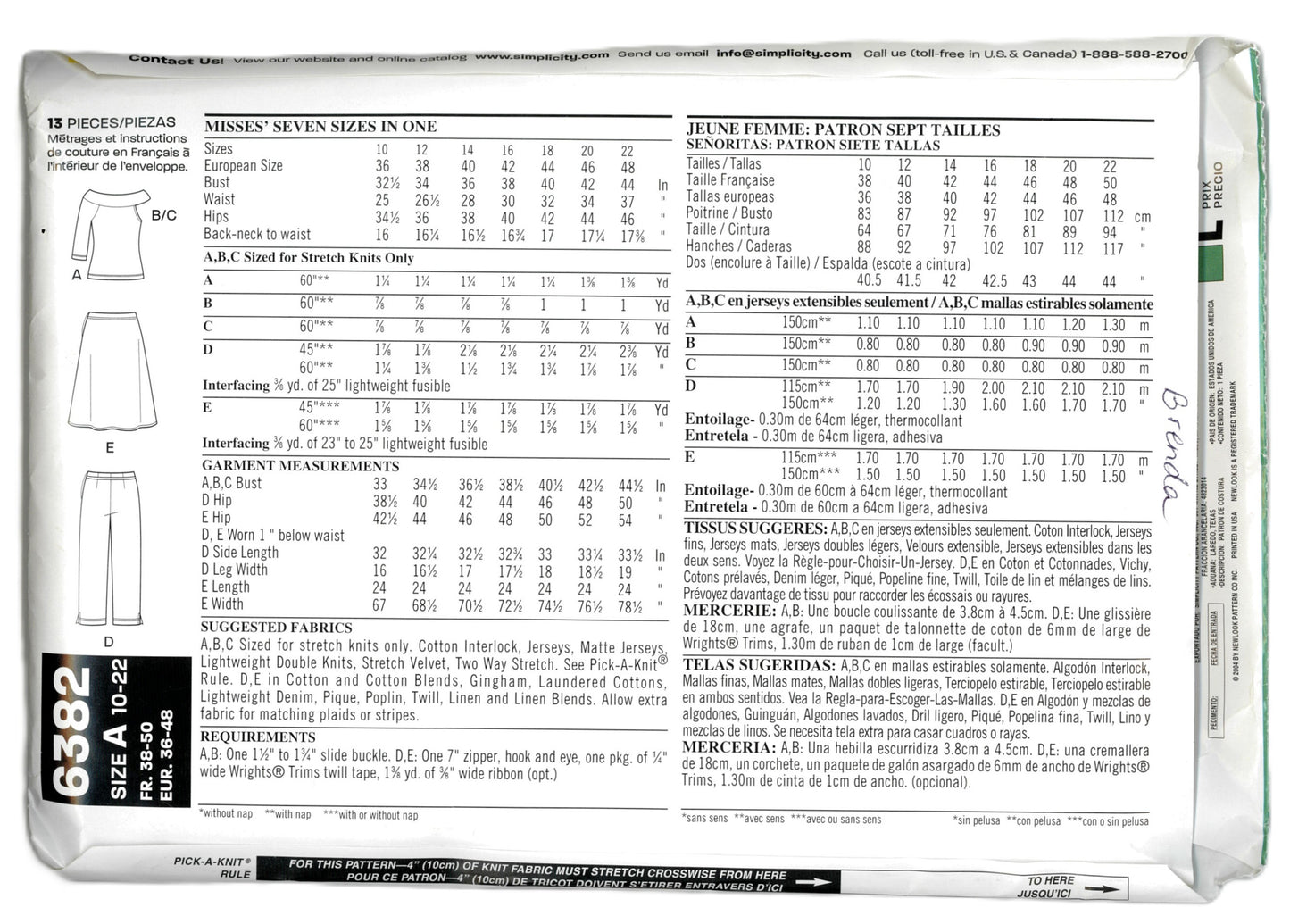 New Look 6382 Misses Knit Tops Skirt and Capri Pants Sewing Pattern - UNCUT - Size 10 - 22