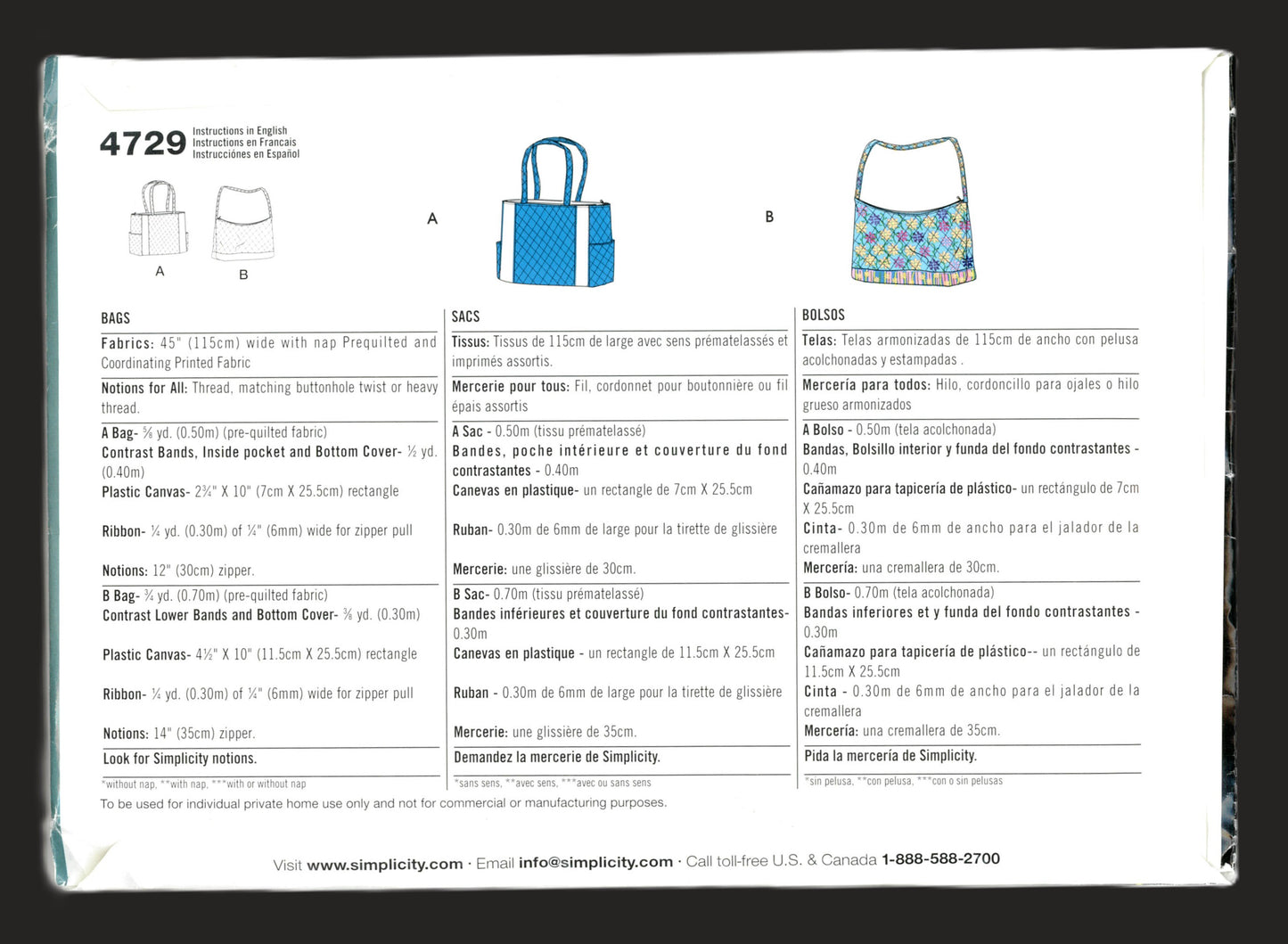 Simplicity 4729 Bags Sewing Pattern - UNCUT