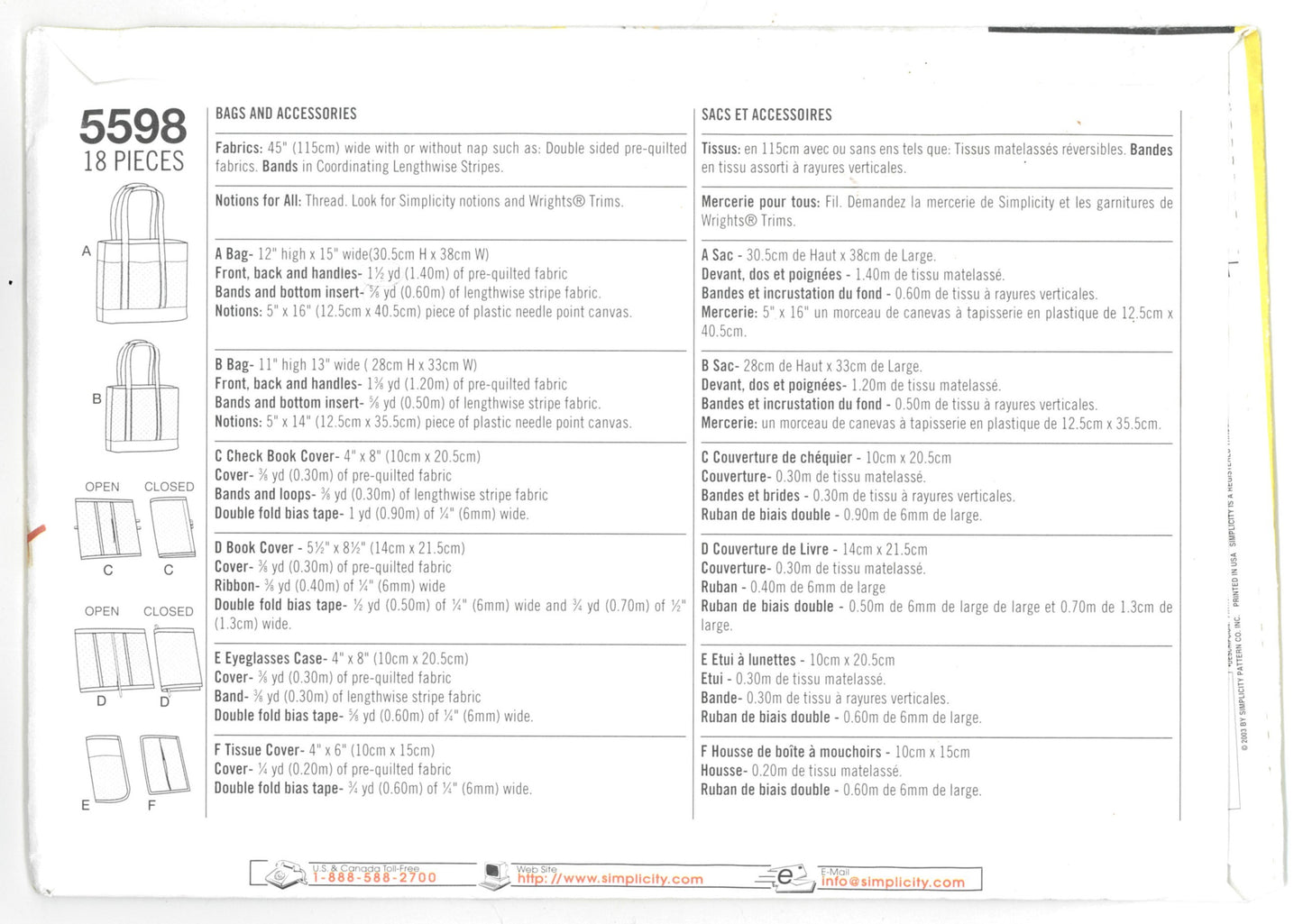 Simplicity 5598 Bags and Accessories Sewing Pattern - UNCUT