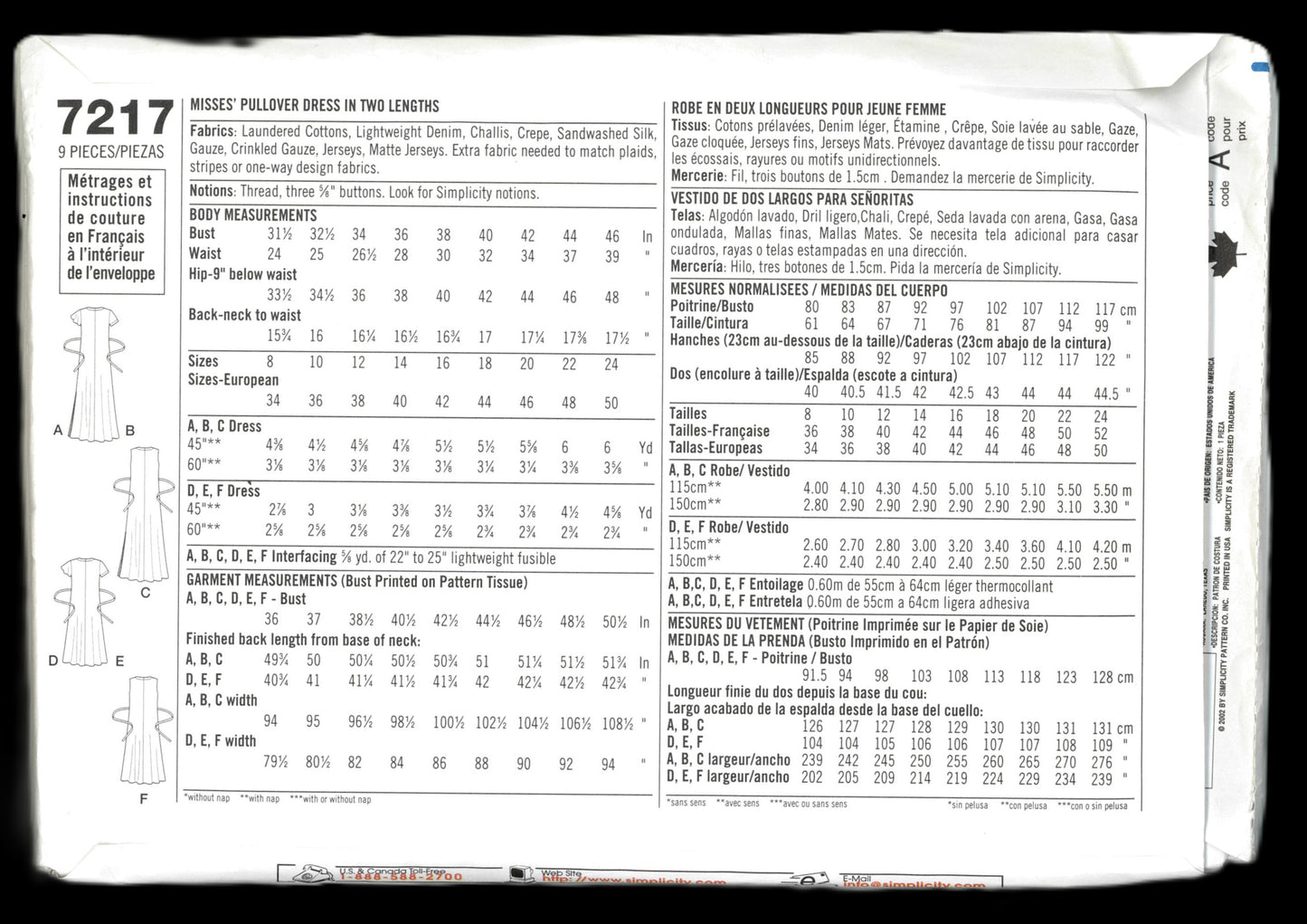 Simplicity 7217 Misses Pullover Dress in Two Lengths Sewing Pattern UNCUT Size 8 10 12 14