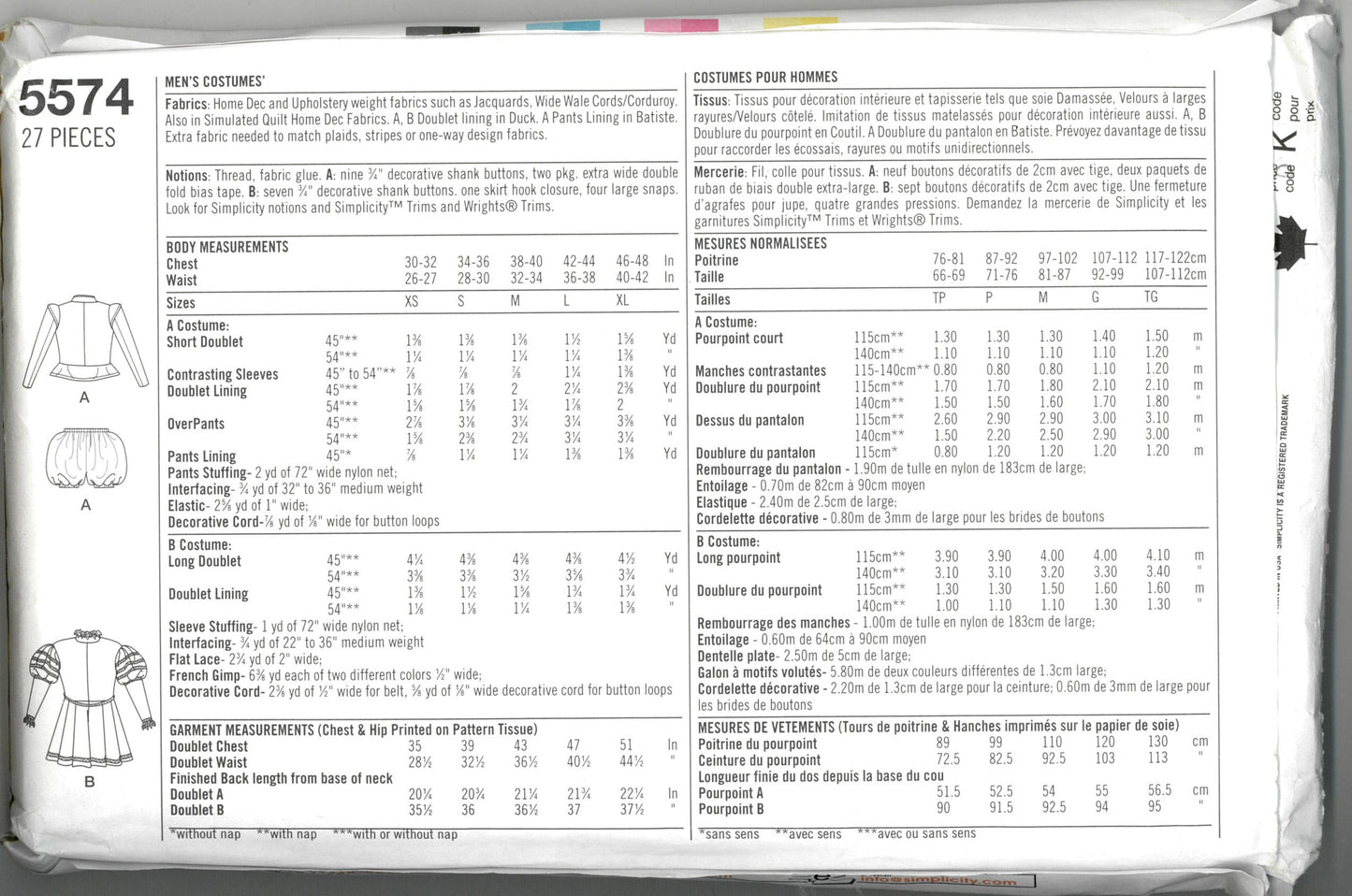 Simplicity 5574 Mens Renaissance Costumes Pattern Sewing Pattern - UNCUT - Size XS S M L XL