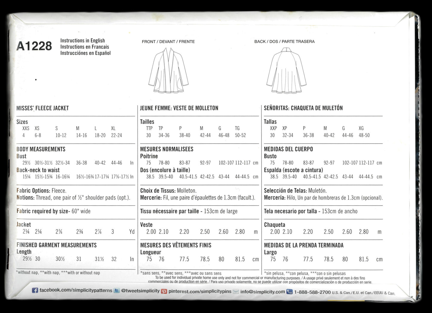 Simplicity 1228 Misses Fleece Jacket Sewing Pattern - UNCUT - Size XxS - XL