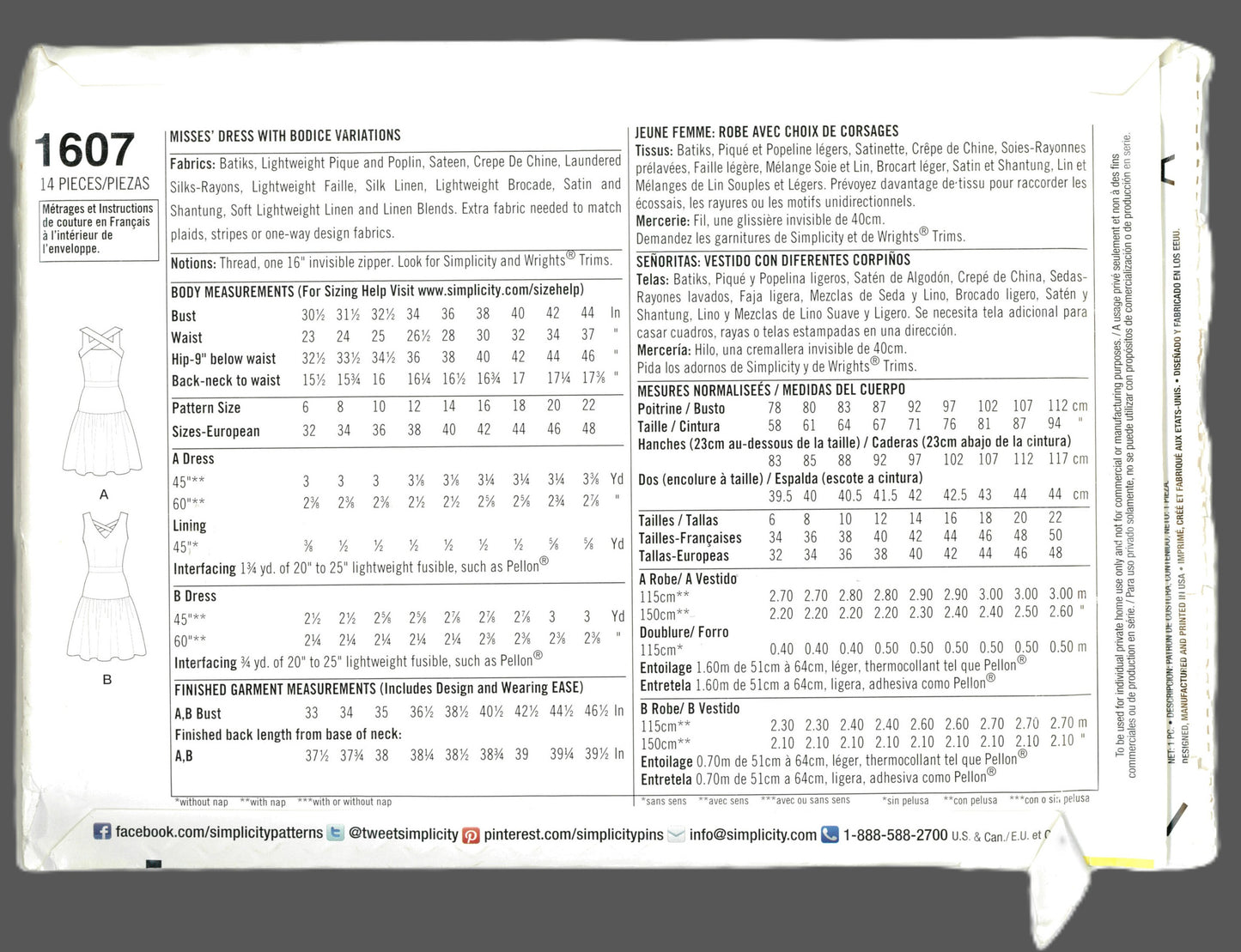 Simplicity 1607 Cynthia Rowley Misses Dress with Bodice Variations Sewing Pattern UNCUT Size 14 16 18 20 22