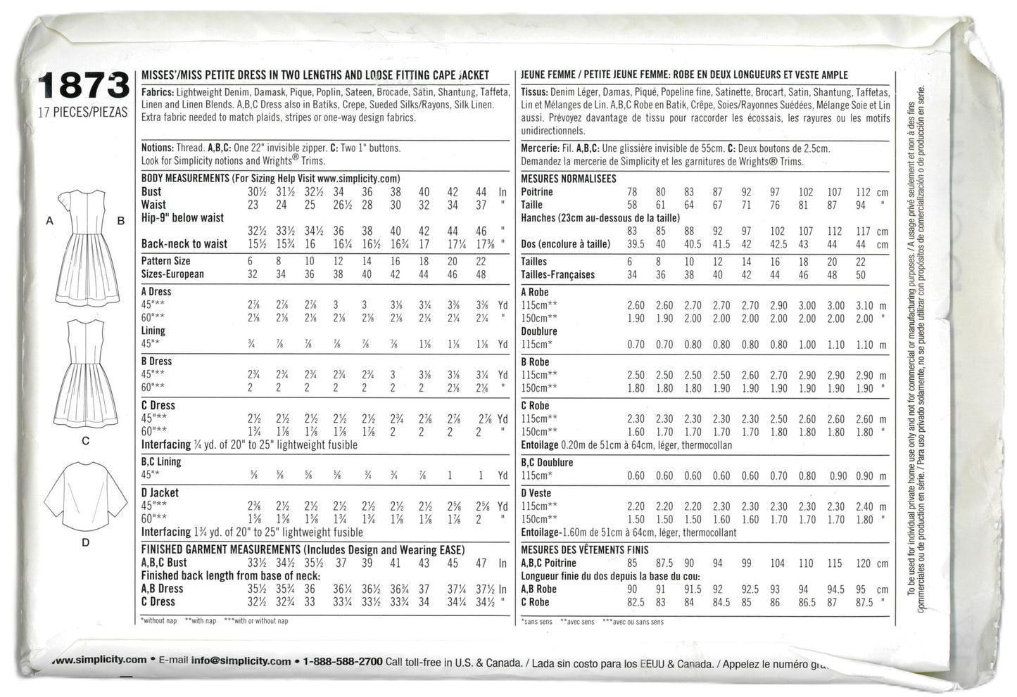 Simplicity 1873 Cynthia Rowley Misses / Miss Petite Dress in Two Lengths and Loose Fitting Cape Jacket Sewing Pattern UNCUT Size 14 16 18 20 22