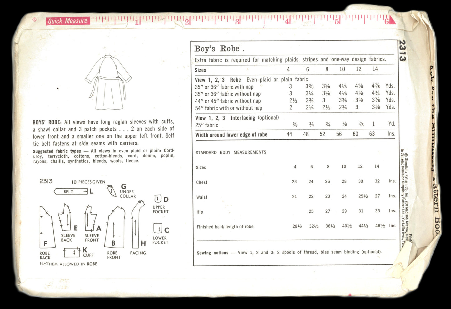 Simplicity 2313 Boys Robe Sewing Pattern UNCUT Size 14