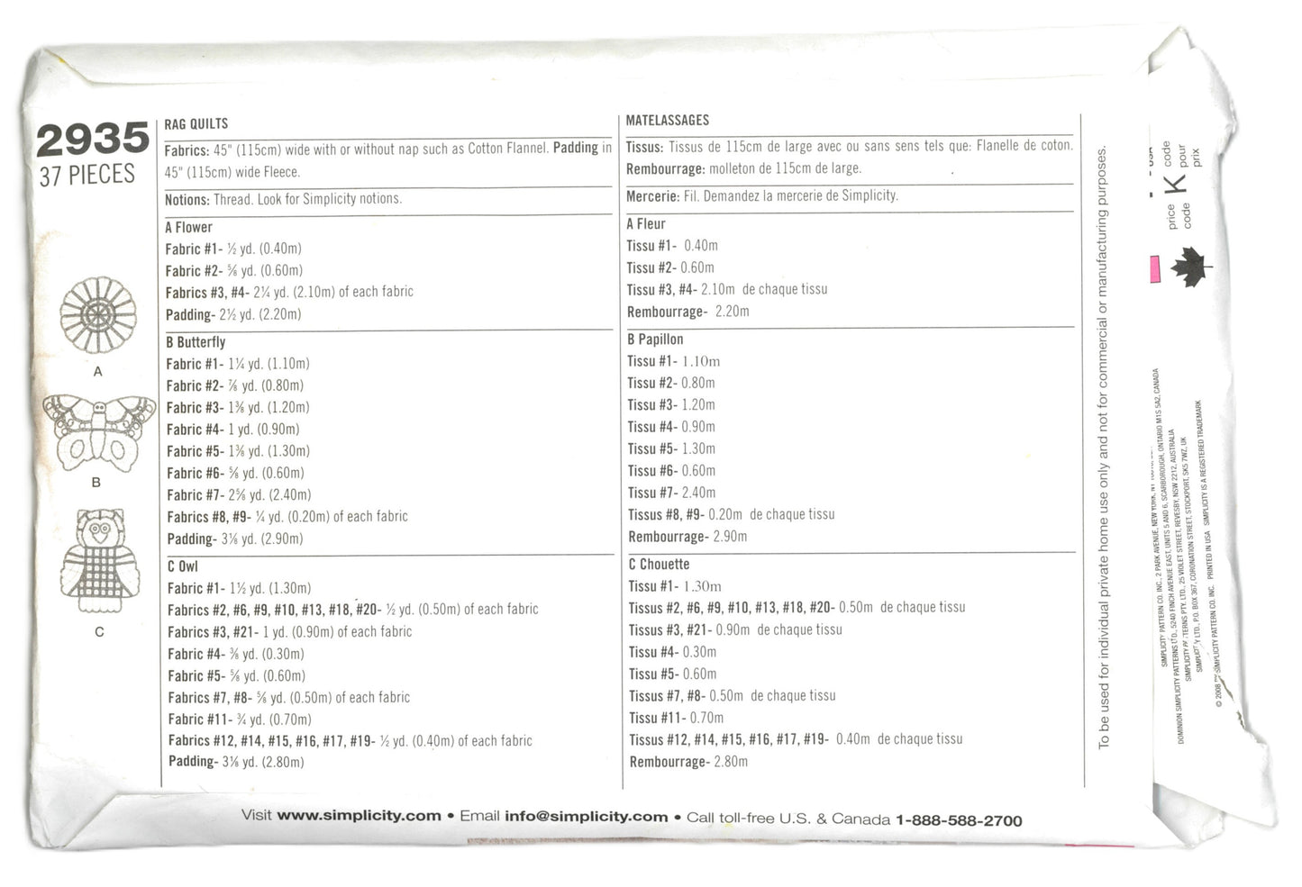 Simplicity 2935 Rag Quilts Sewing Pattern UNCUT Butterfly, Owl and Flower Rag Quilt