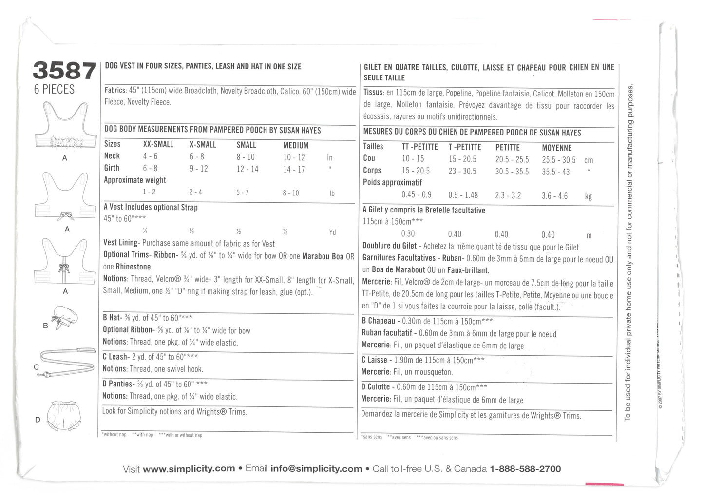 Simplicity 3587 Le Pampered Pooch Dog Vest in Four Sizes, Panties, Leash and Hat in One Size Sewing Pattern UNCUT