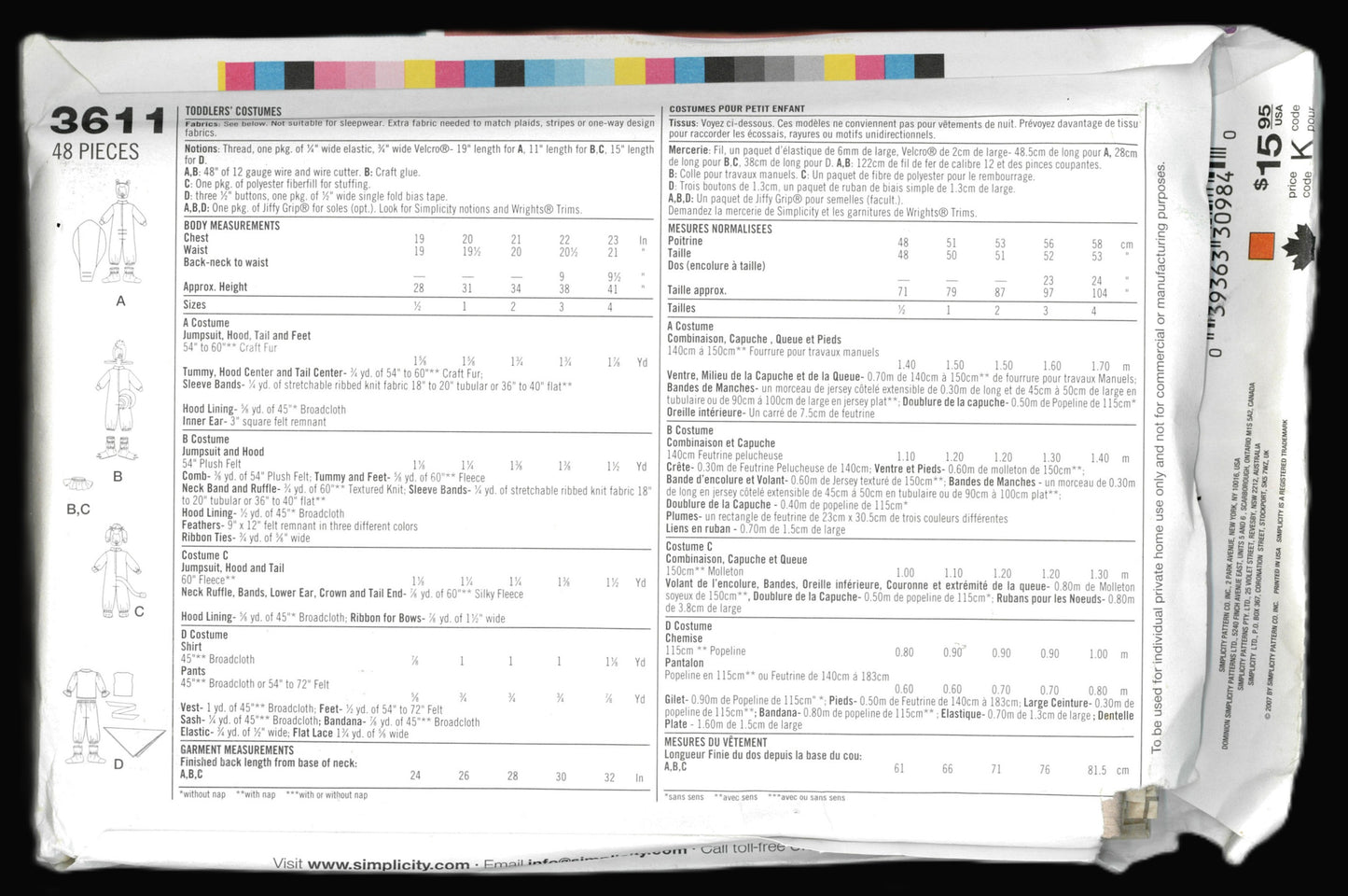 Simplicity 3611 Toddlers Pirate, Bunny, Skunk and Chicken Costumes Sewing Pattern - UNCUT - Size 1/2 1 2 3 4