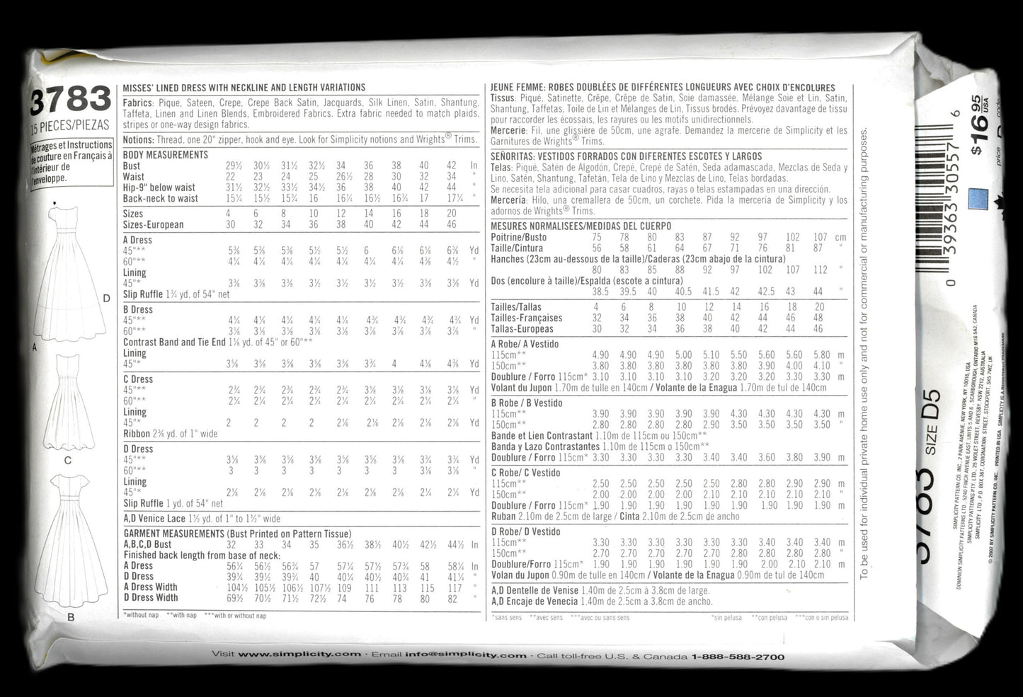 Simplicity 3783 Misses Lined Dress with Neckline and Length Variations Sewing Pattern - UNCUT - Size 4 6 8 10 12