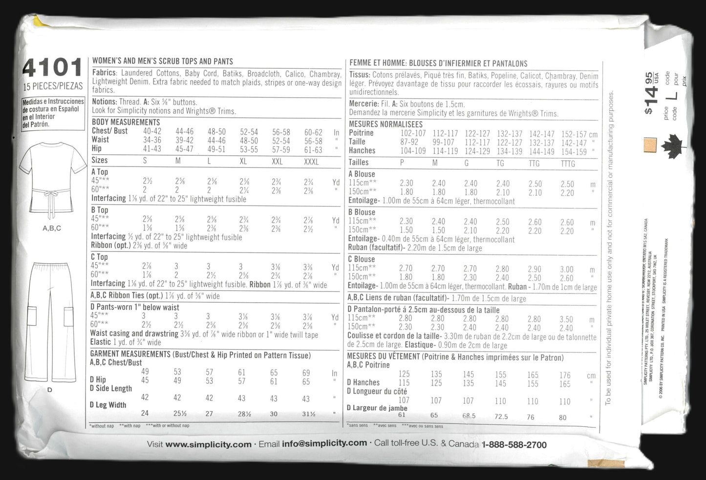 Simplicity 4101 Womens and Mens Scrub Top and Pants Sewing Pattern - UNCUT - Size S M L