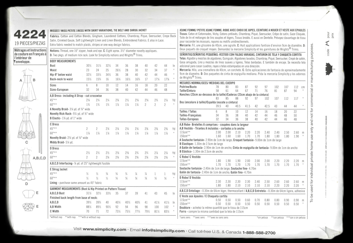 Simplicity 4224 Misses / MIss Petite Dress with Skirt Variations, Tie Belt and Shrug Jacket Sewing Pattern UNCUT Size 6 8 10 12 14