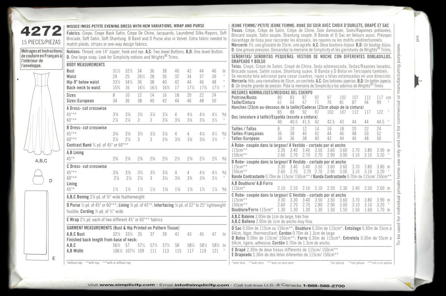 Simplicity 4272 Misses / Miss Petite Evening Dress with Hem Variations, Wrap and Purse Sewing Pattern - UNCUT - Size 8 10 12 14 16