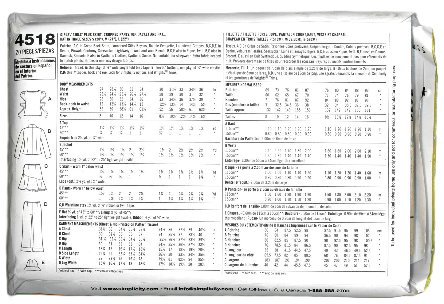 Simplicity 4518 Lizzie McGuire Girls Skirt Cropped Pants Top Jacket and Hat Sewing Pattern - UNCUT Size 8 - 16
