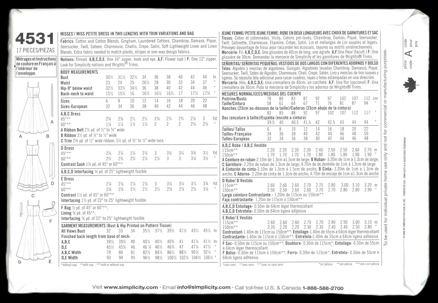 Simplicity 4531 Misses / Miss Petite Dress in Two Lengths with Trim Variations and Bag Sewing Pattern UNCUT Size 6 8 10 12