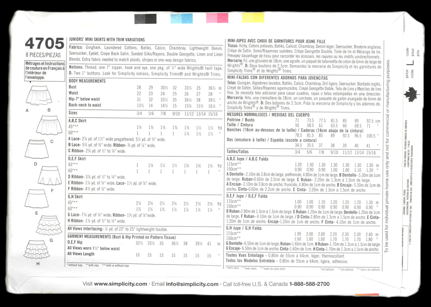 Simplicity 4705 Juniors Mini Skirts with Trim Variations Sewing Pattern UNCUT Size 11/12 - 15/16