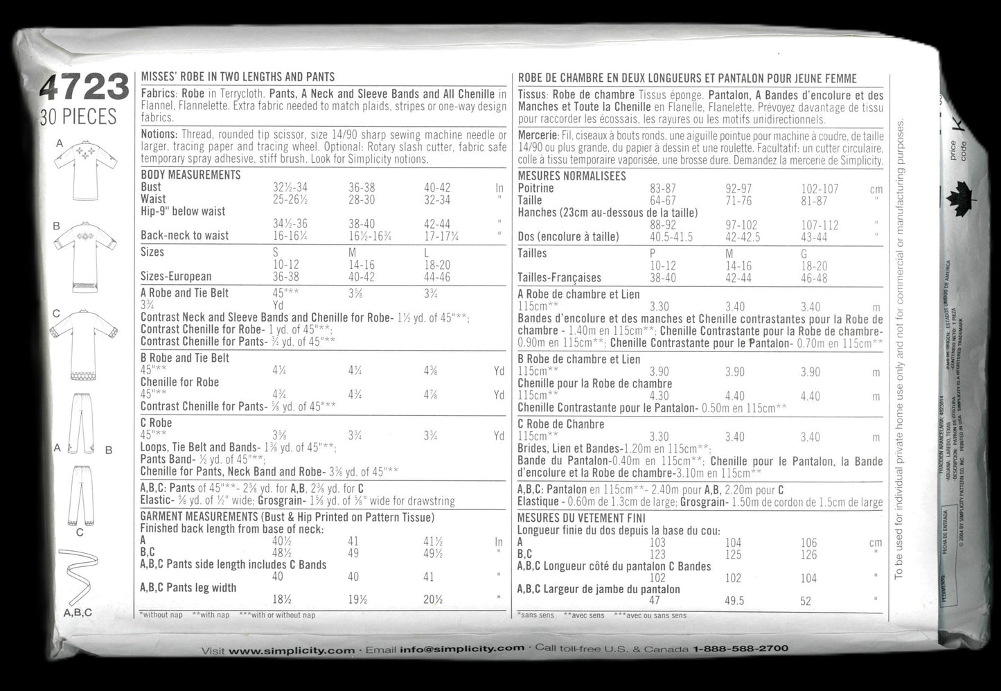 Simplicity 4723 Misses Robe in Two Lengths and Pants Sewing Pattern UNCUT Size S M L