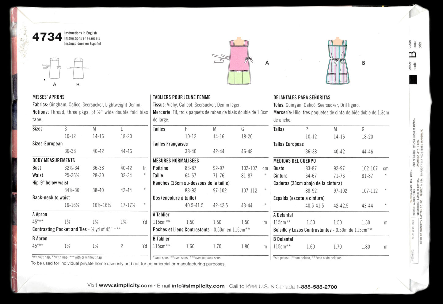 Simplicity 4734 Misses Aprons Sewing Pattern - UNCUT Size S M L