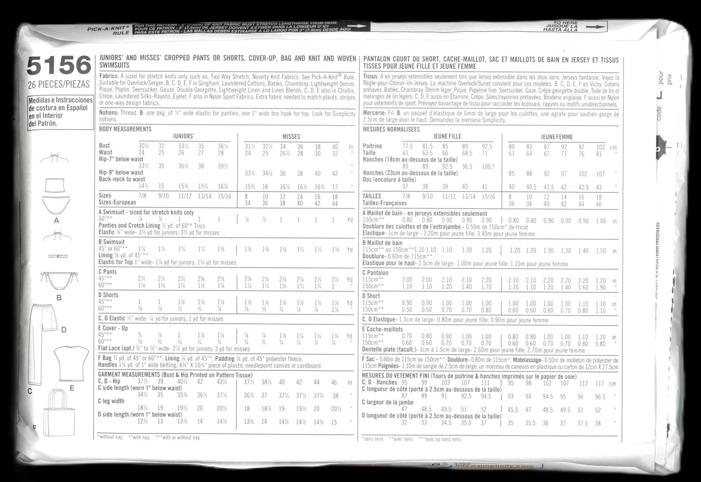 Simpliciy 5156 Misses Cropped Pants or Shorts, Cover up, Bag and Knit and Woven Swimsuits Sewing Pattern UNCUT Size 8 - 18