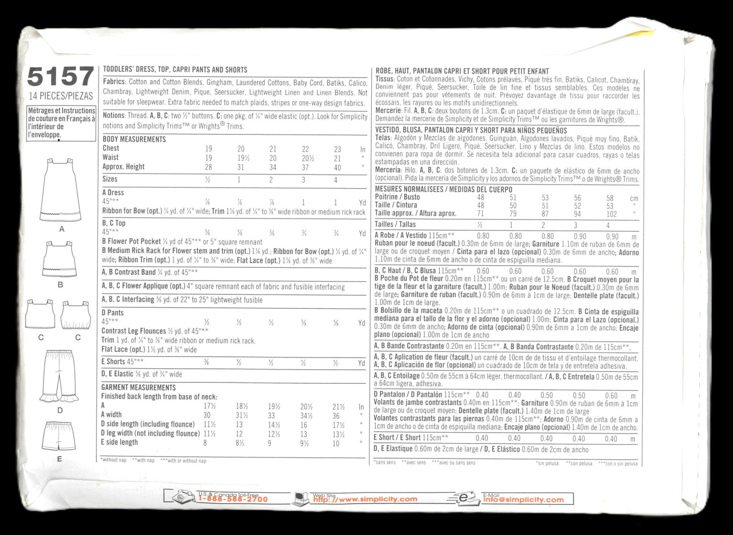 Simplicity 5157 Toddler Girls Dress Top Capri Pants and Shorts Sewing Pattern - UNCUT Size 1/2 1 2 3 4