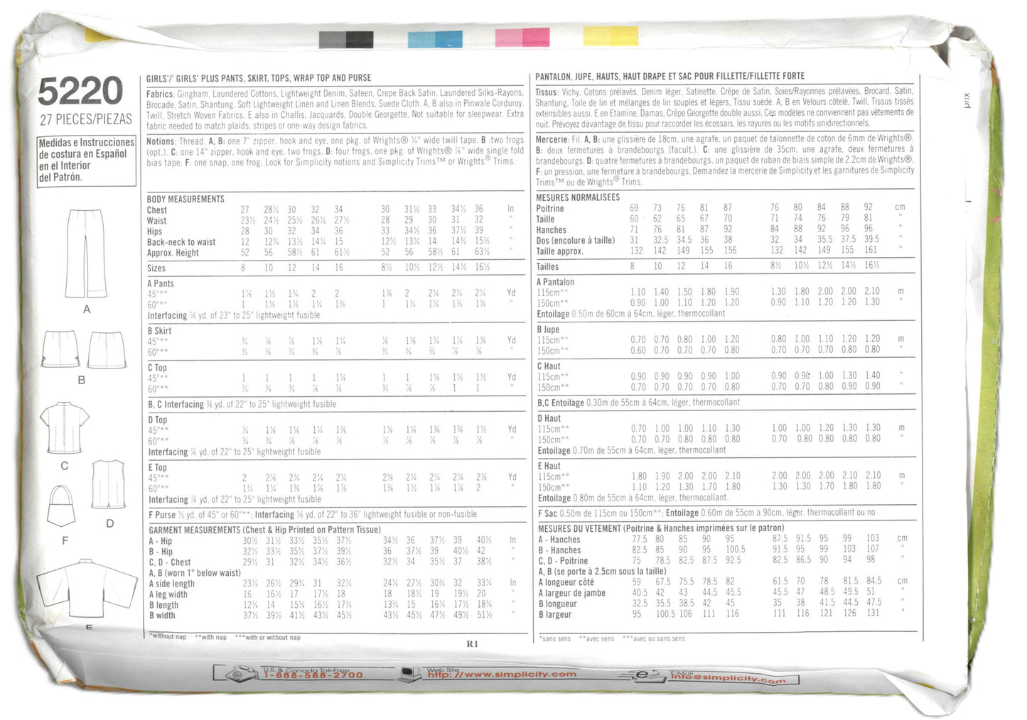 Simplicity 5220 Lizzie McGuire Girls Pants Skirt Tops Wrap Top and Purse Sewing Pattern - UNCUT Size 8 - 16
