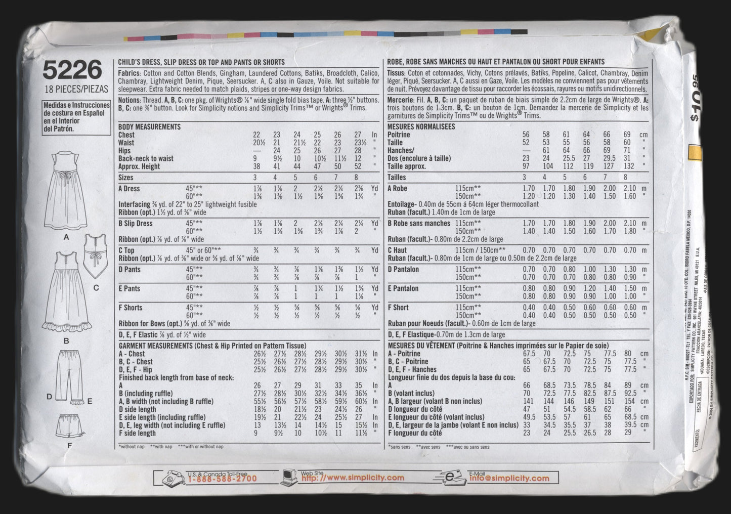Simplicity 5226 Childs Girls dress Slip Dress or Top and Pants or Shorts Sewing Pattern - UNCUT Size 3 4 5 6 7 8