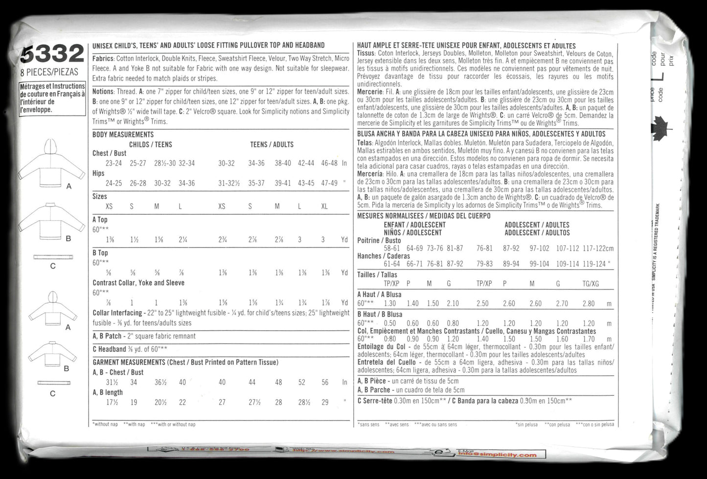 Simplicity 5332 Unisex Child's Teens and Adults Loose Fitting Pullover Top and Heandband Sewing Pattern UNCUT Childs Size XS S M L Adults XS S M L XL