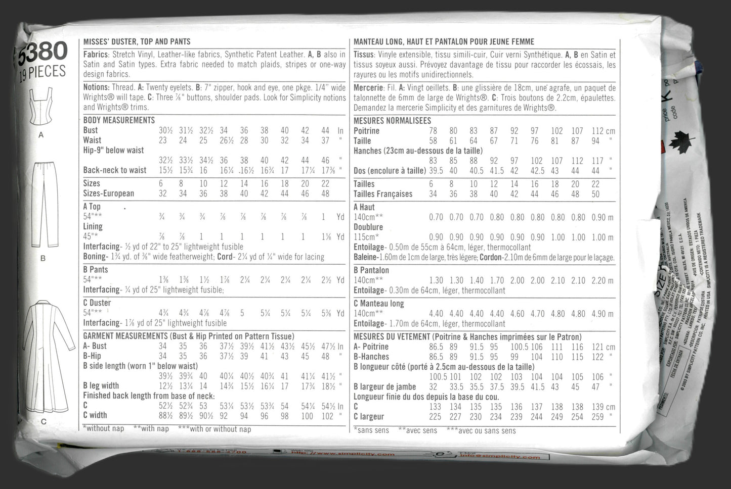 Simplicity 5380 Matrix Trinity MIsses Duster Top and Pants Sewing Pattern UNCUT Size 14 - 22