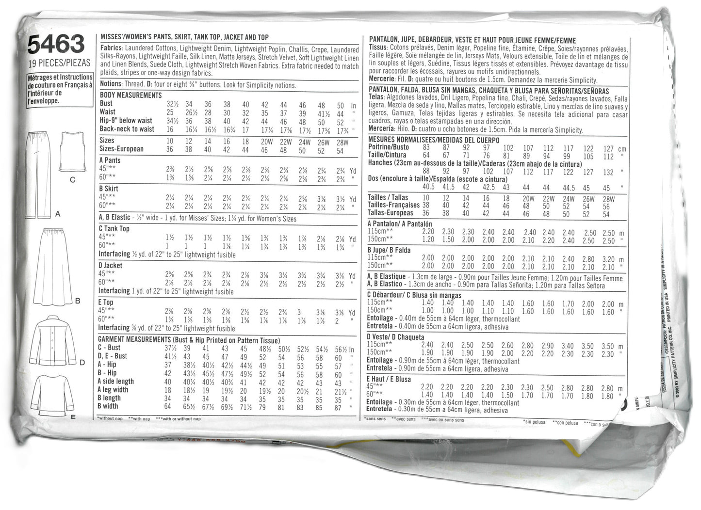 Simplicity 5463 Womens Pants Skirt Tank Top Jacket and Top Sewing Pattern UNCUT - Size 20W - 28W