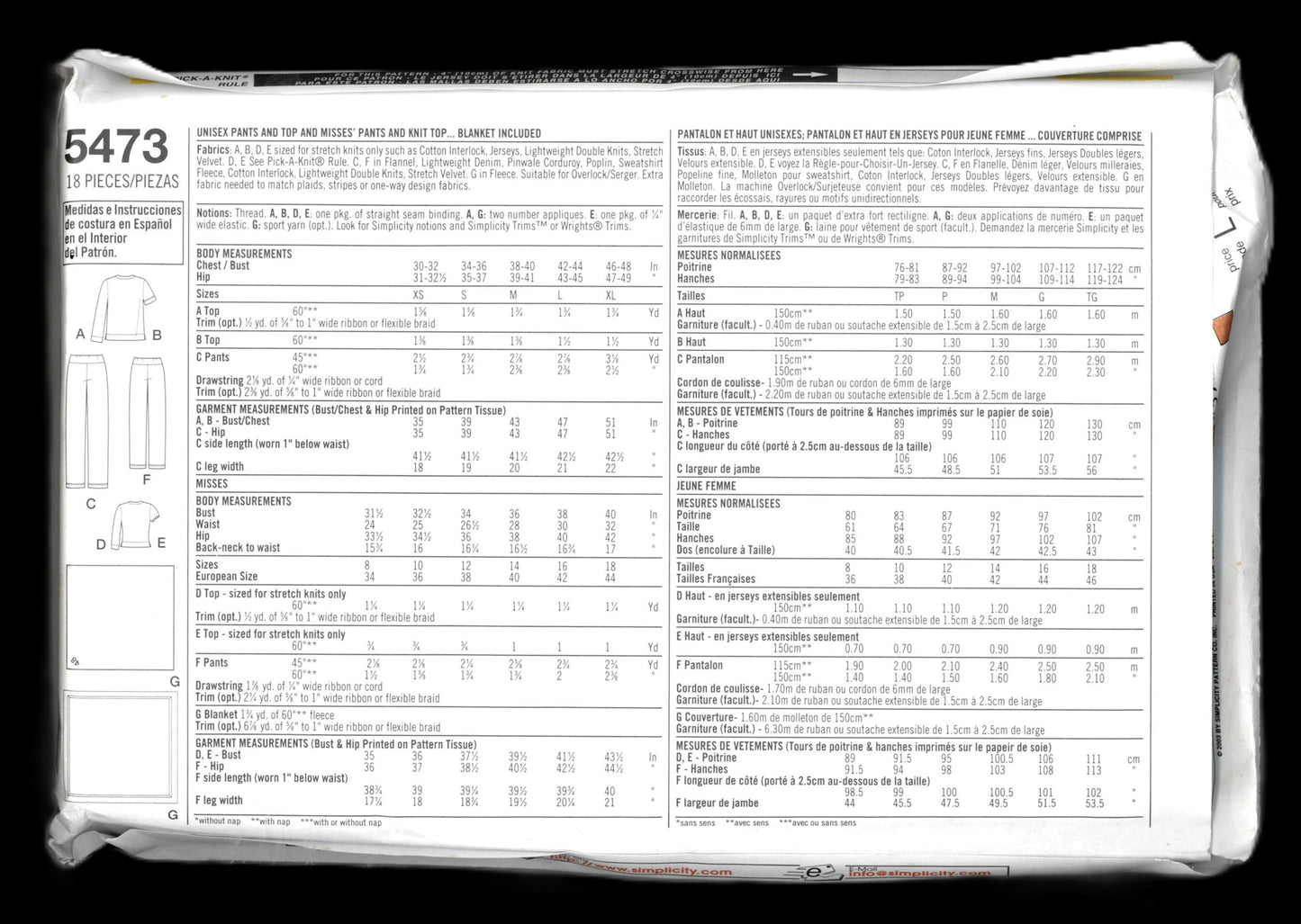 Simplicity 5473 Unisex Pants and Top and Misses Pants and Knit Top...Blanket Included. Sewing Pattern - UNCUT - Size XS - XL / 8 - 18