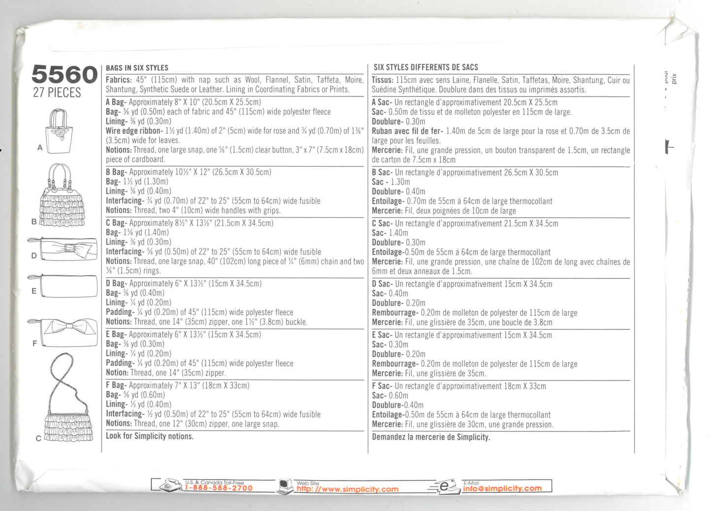 Simpliity 5560 Special Occassion Bags in Six styles Sewing Pattern - UNCUT