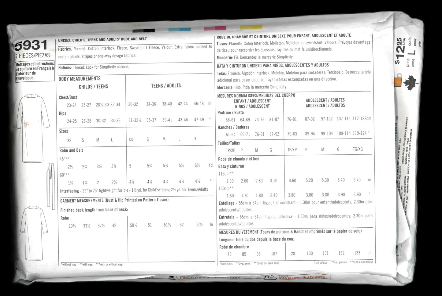 Simplicity 5931 Unisex Childs Teens and Adults Robe and Belt Sewing Pattern UNCUT Childs Size XS S M L Adults XS S M L XL