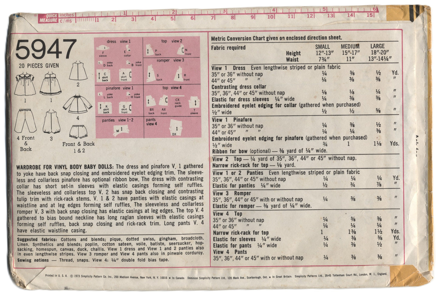 70s Simplicity 5947 Wardrobe for Vinyl Body Baby Dolls Sewing Pattern - UNCUT Size S M L