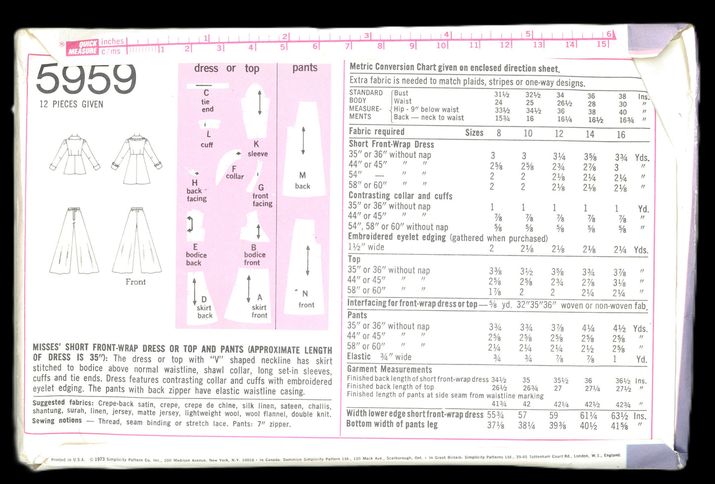 70s Simplicity 5959 Misses' Short Front-Wrap Dress or Top and Pants Sewing Pattern UNCUT Size 10 Bust 32 1/2