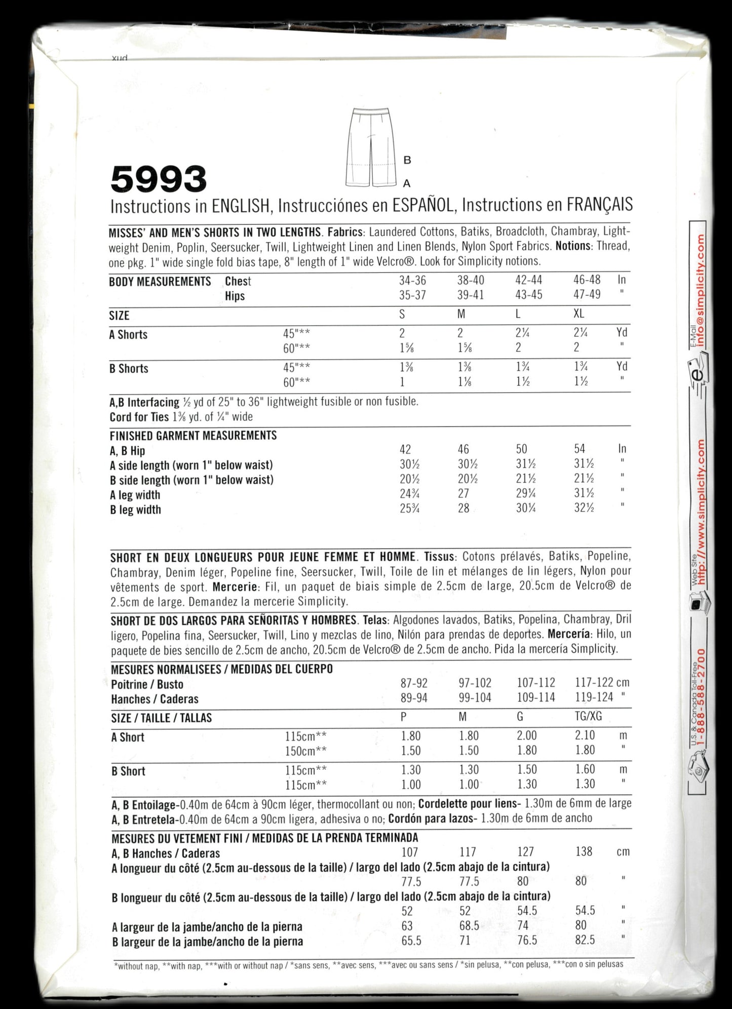 Simplicity 5993 Misses and MensShorts in Two Lengths Sewing Pattern UNCUT Size S M L XL