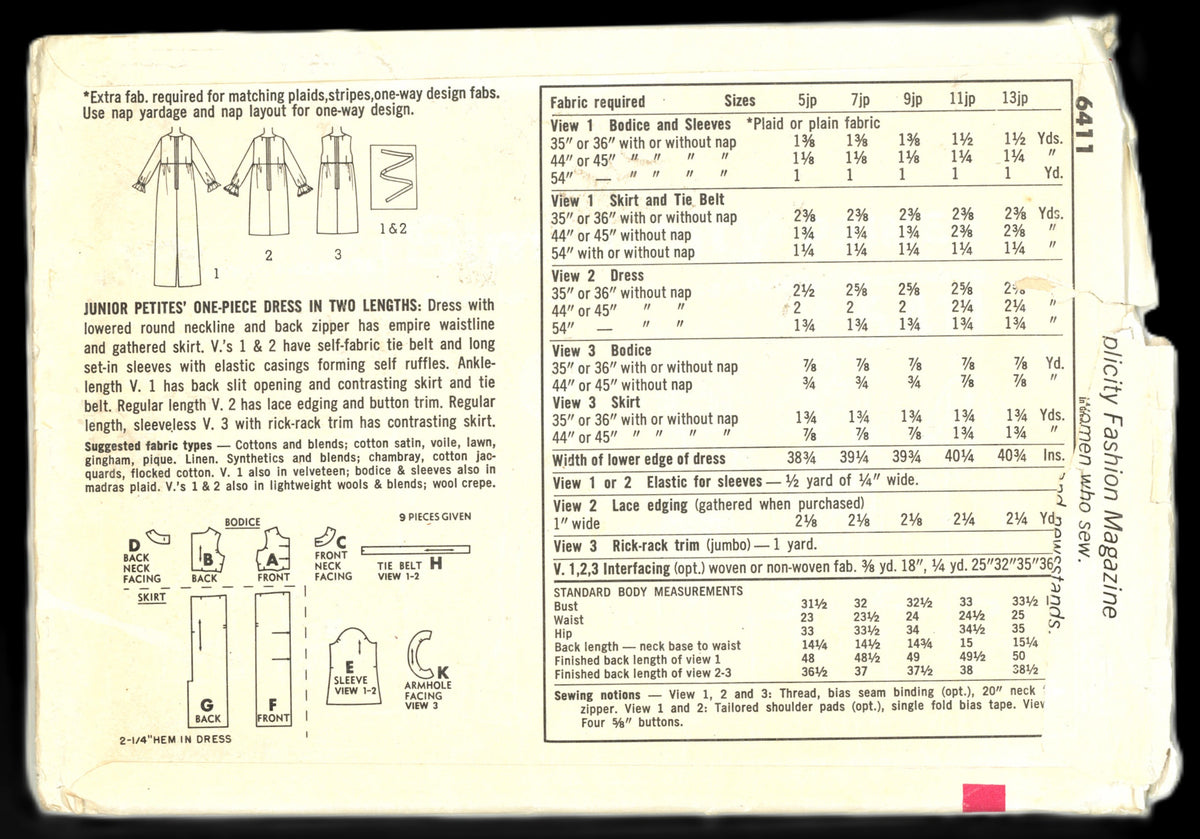 60s Simplicity 6411 Junior Petite One Piece Dress in Two lengths Sewing Pattern UNCUT Size 11jp Bust 33