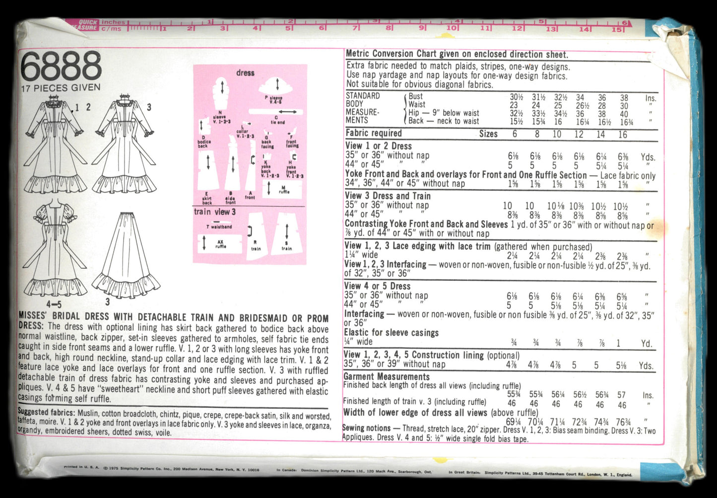 70s Simplicity 6888 Misses BridalDress with Detachable Train and Bridesmaid or Prom Dress Sewing Pattern - UNCUT - Size 10 Bust 32 1/2