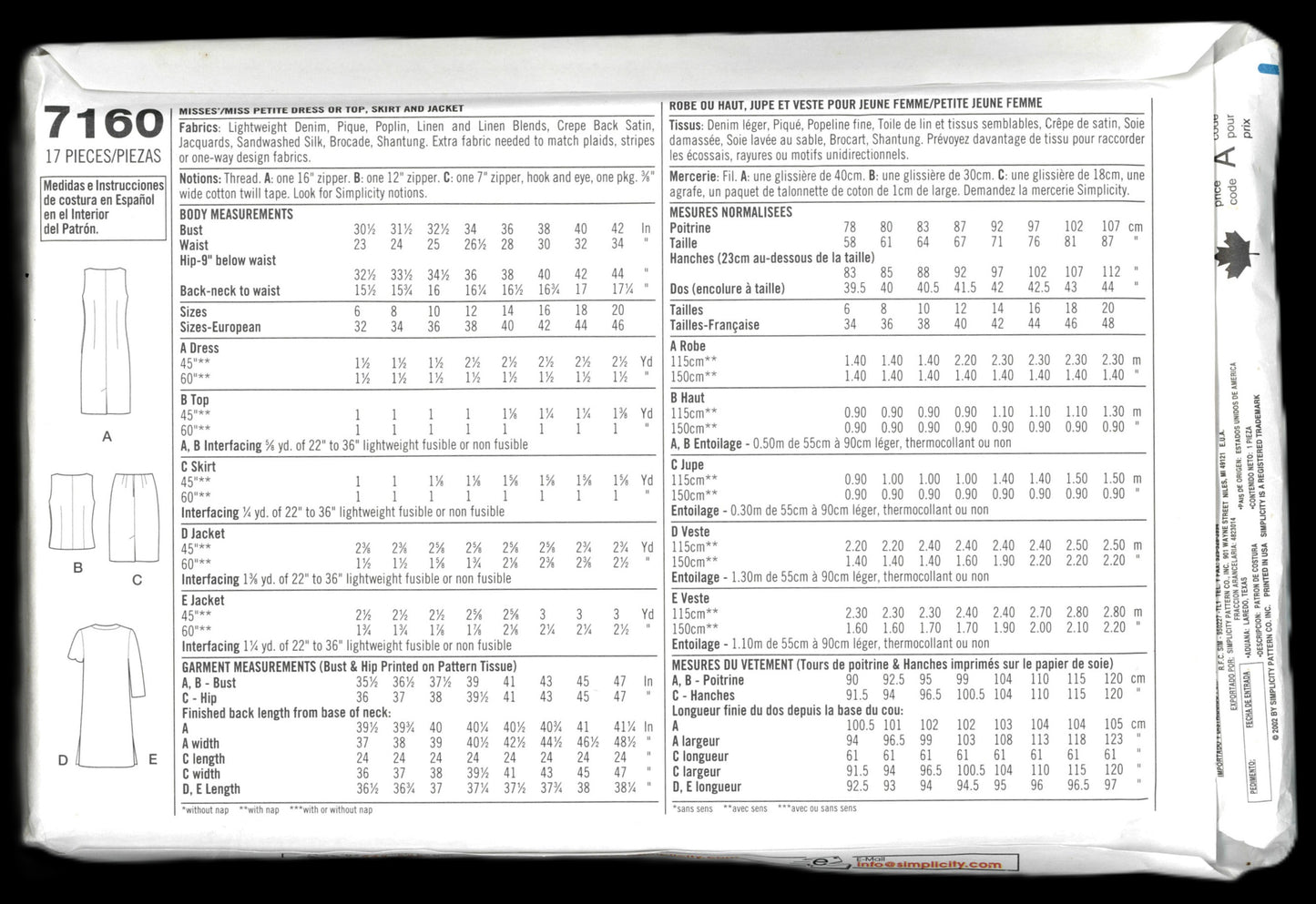 Simplicity 7160 Misses / Miss Petite Dress or Top Skirt and Jacket Sewing Pattern UNCUT - Size 6 8 10 12