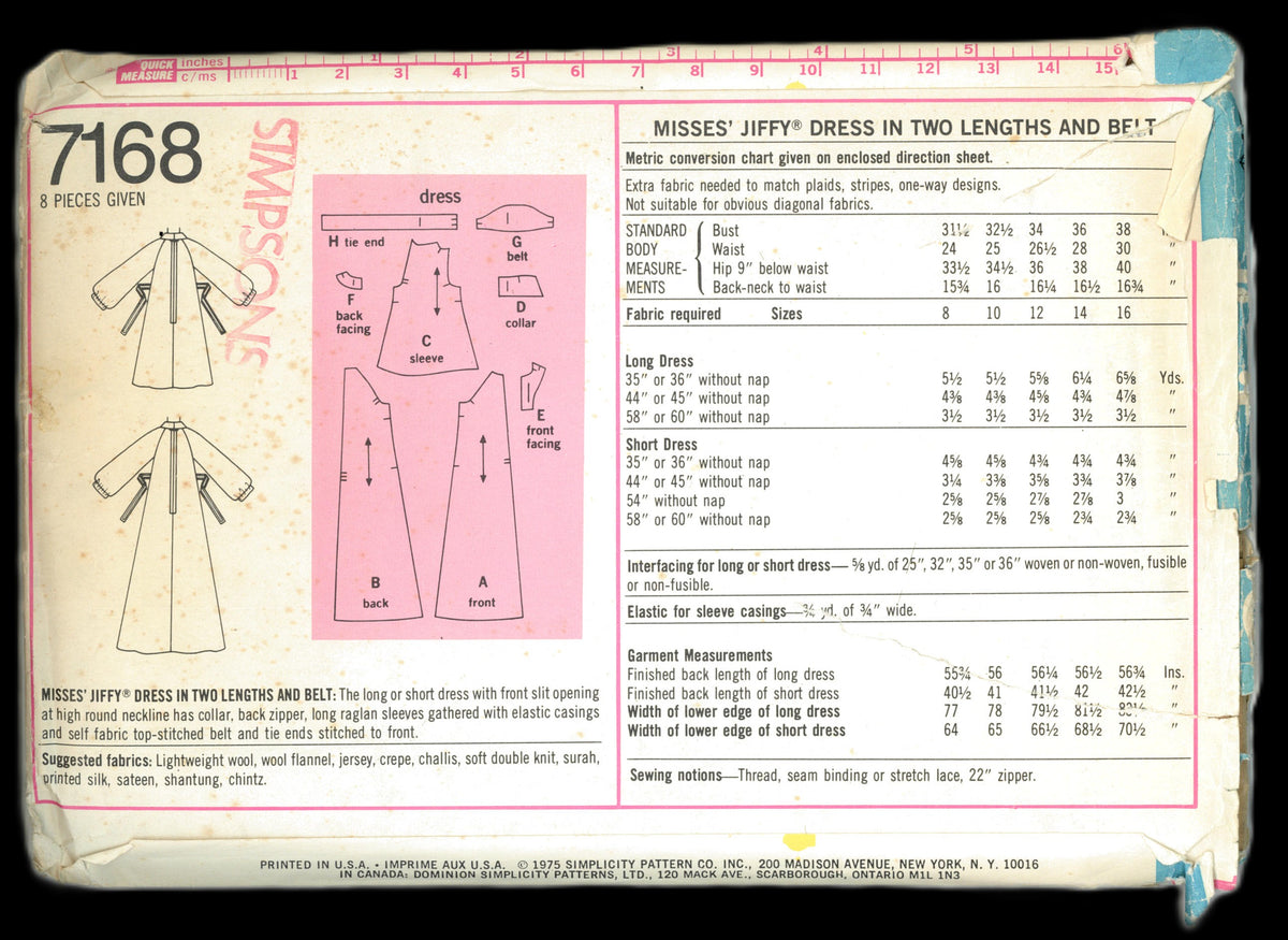 Simplicity 7168 Misses Jiffy Dress in Two Lengths and Belt Sewing Pattern UNCUT Size 16 Bust 38"