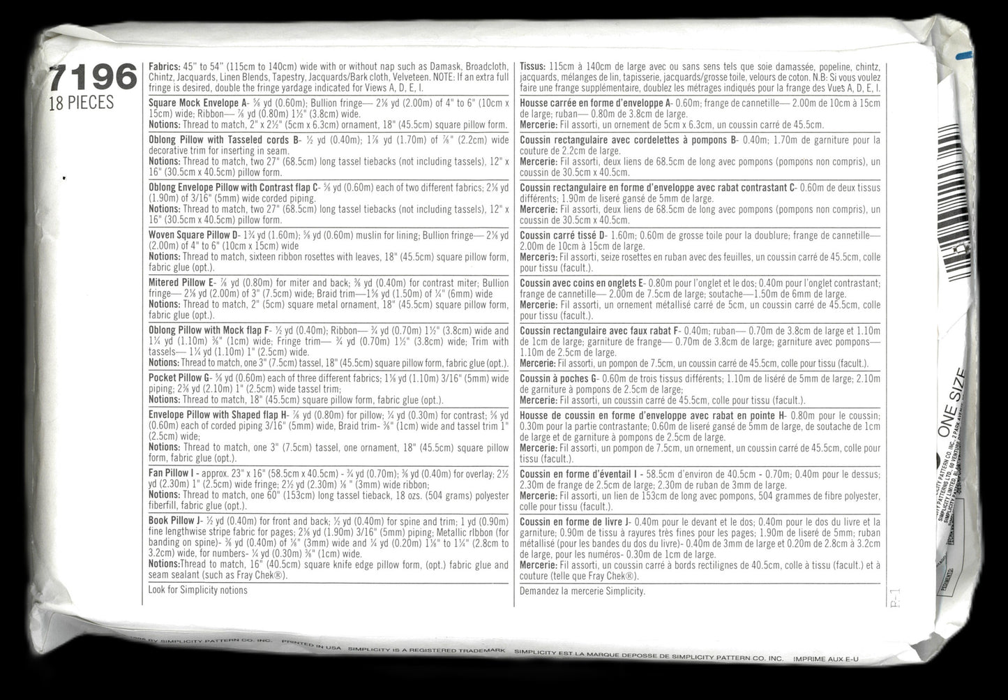 Simplicity 7196 Donna Lang Pillows Sewing Pattern - UNCUT