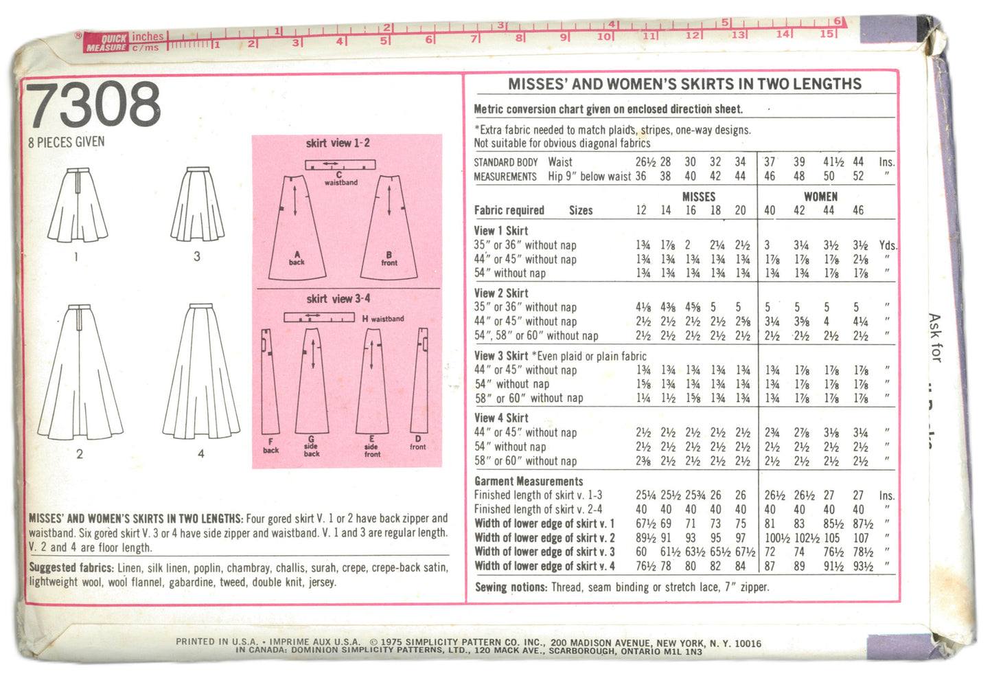 70s Simplicity 7308 Misses Skirts in Two Lengths Skirt Sewing Pattern UNCUT Size 18 & 20 ( waist 32" -34")