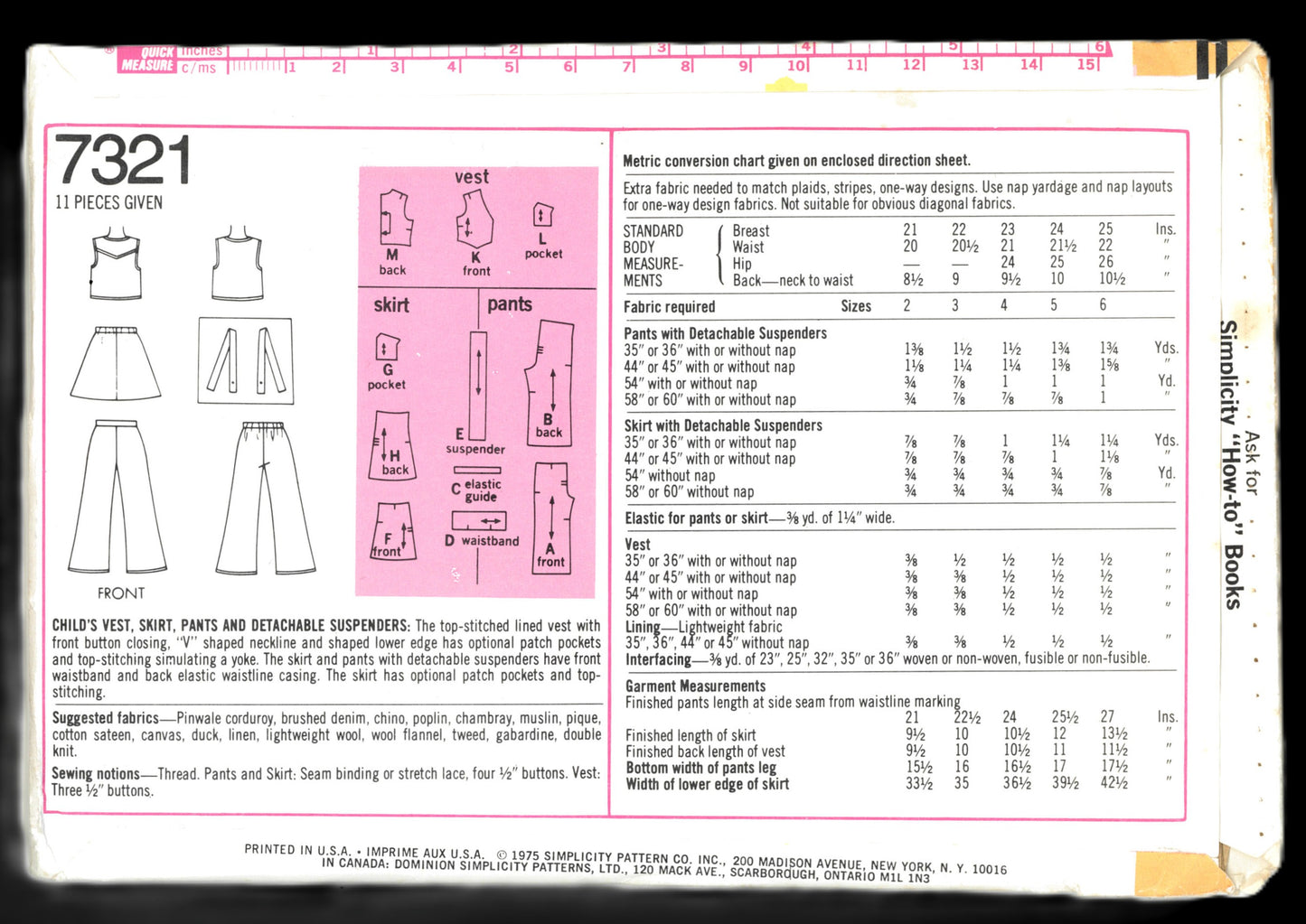 70s Simplicity 7321 Girls Vewst Skirt pants and Detachable Suspenders Sewing Pattern UNCUT Size 4 Size 5 or Size 6