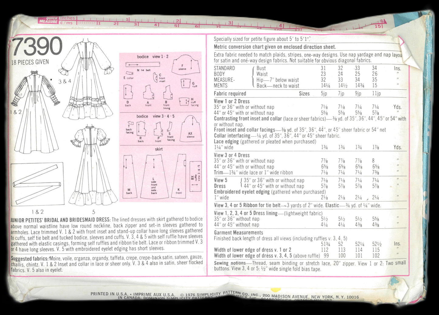70s Simplicity 7390 Junior Petite Bridal and Bridesmaid Dress Sewing Pattern - UNCUT - Size 7jp