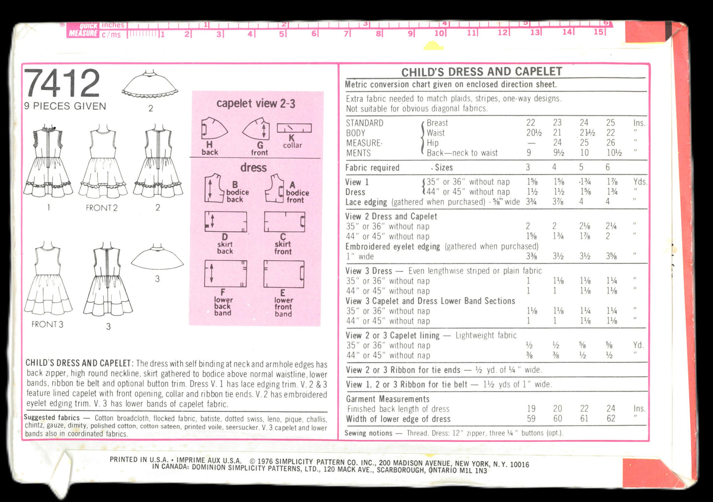 70s Simplicity 7412 Girls Dress and Caplet Sewing Pattern - UNCUT - Size 4