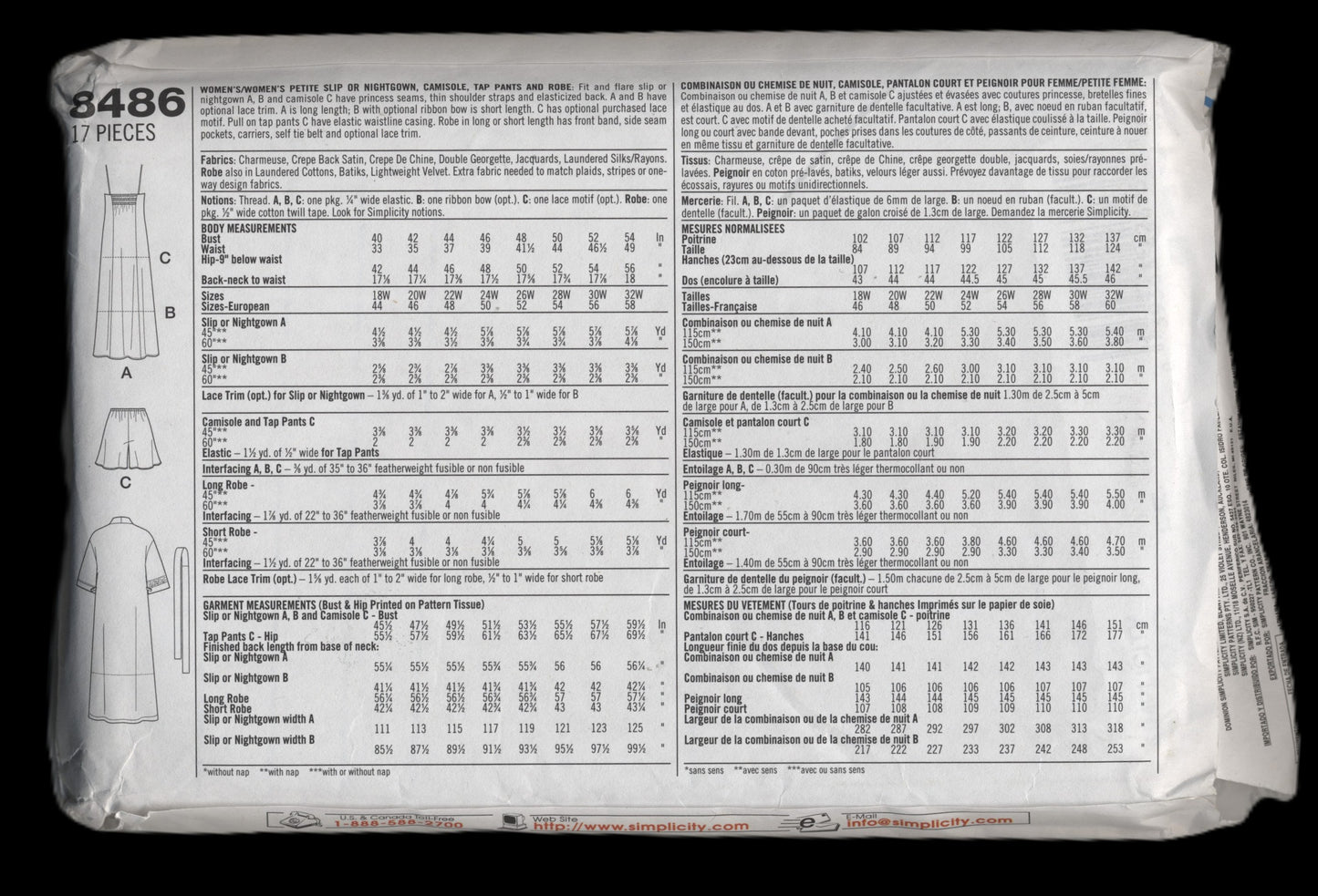 Simplicity 8486 Womens Petite Slip or Nightgown, Camisole, Tap Pants and Robe Sewing Pattern UNCUT - Size 18w 20w 22w 24w