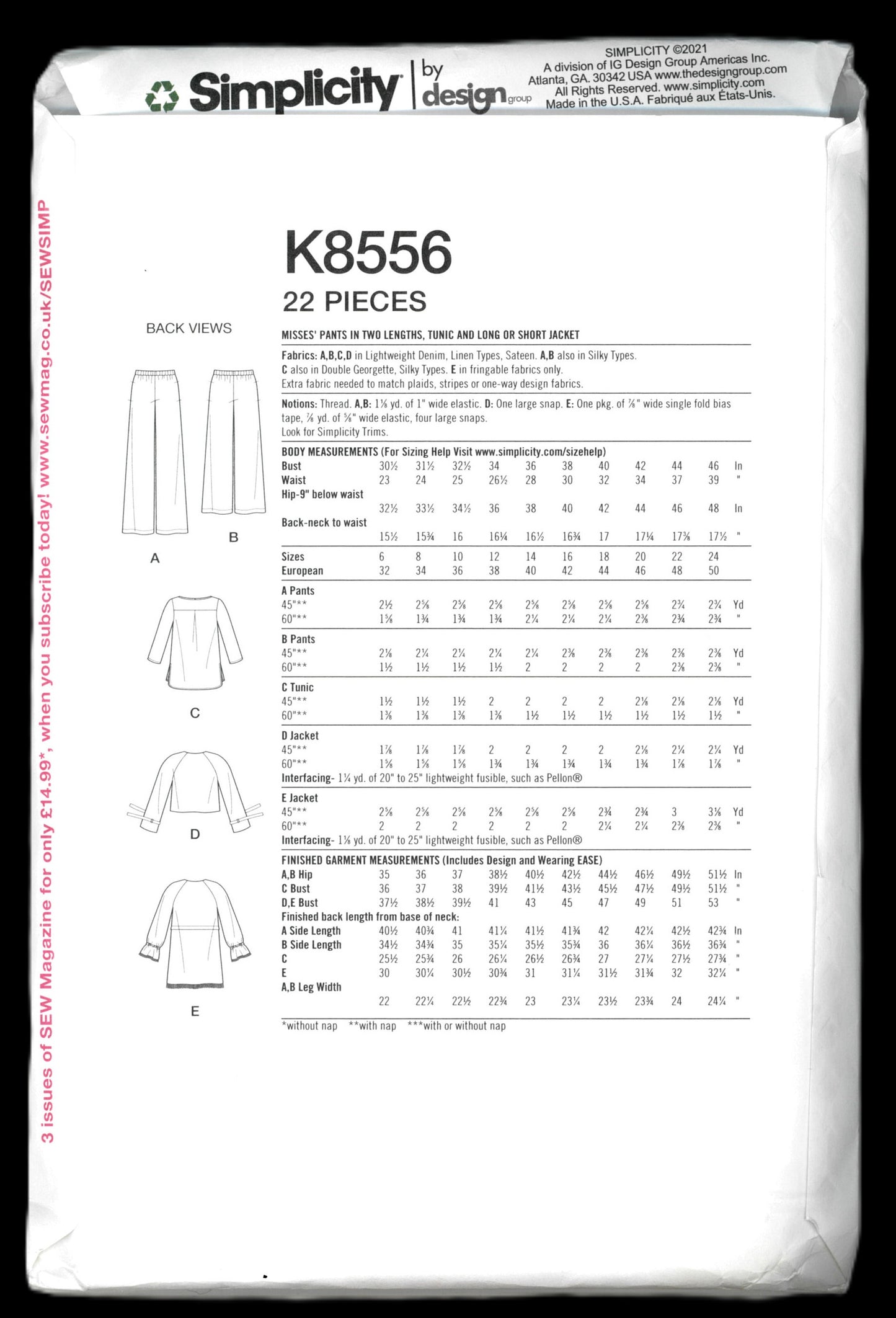 Simplicity 8556 Misses Pants in Two Lengths, Tunic and Long or Short Jacket Sewing Pattern - UNCUT - Size 6 - 14