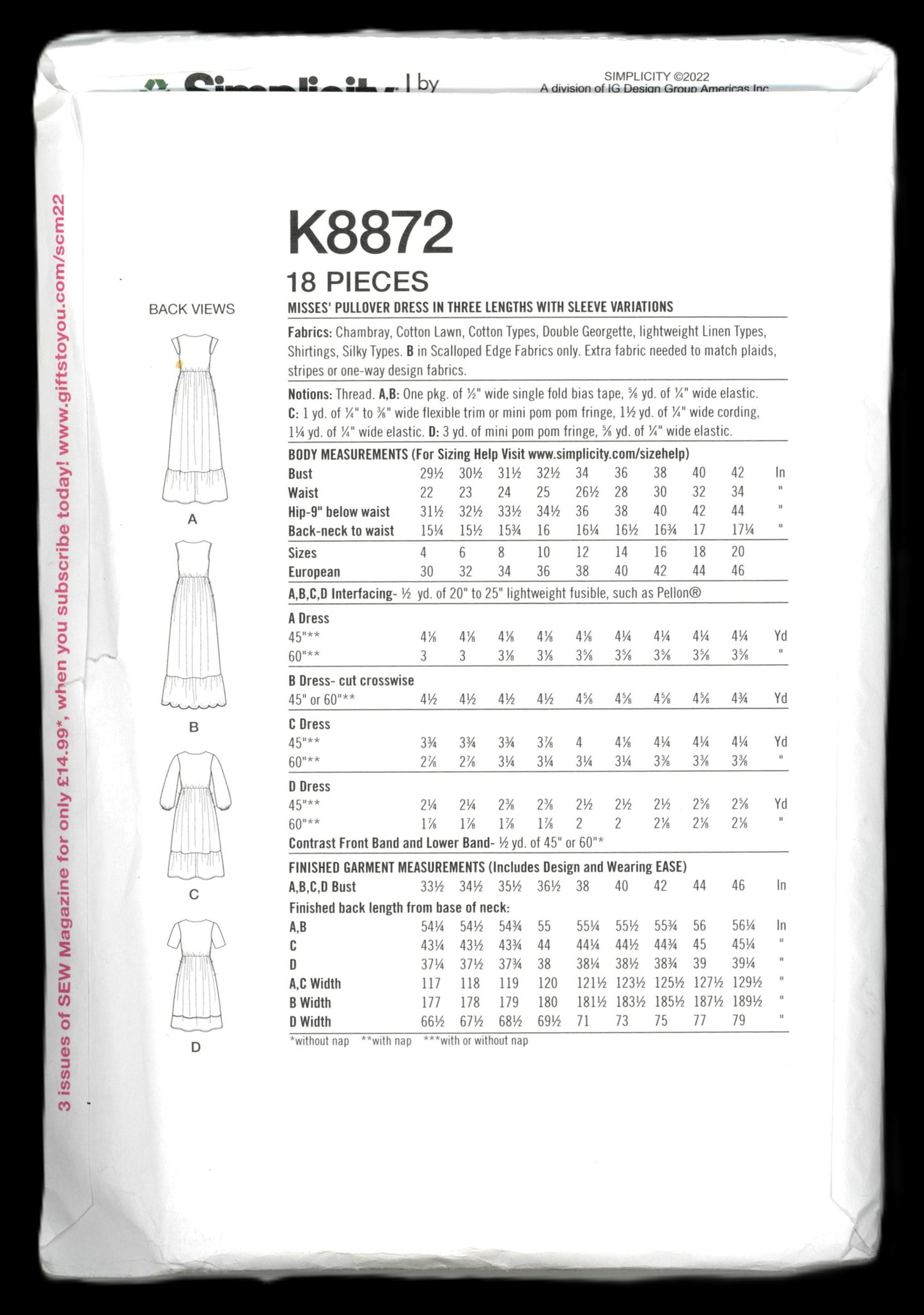 Simplicity 8872 Misses Pullover Dress in Three Lengths with Sleeve Variations Sewing Pattern UNCUT Size 12 - 20
