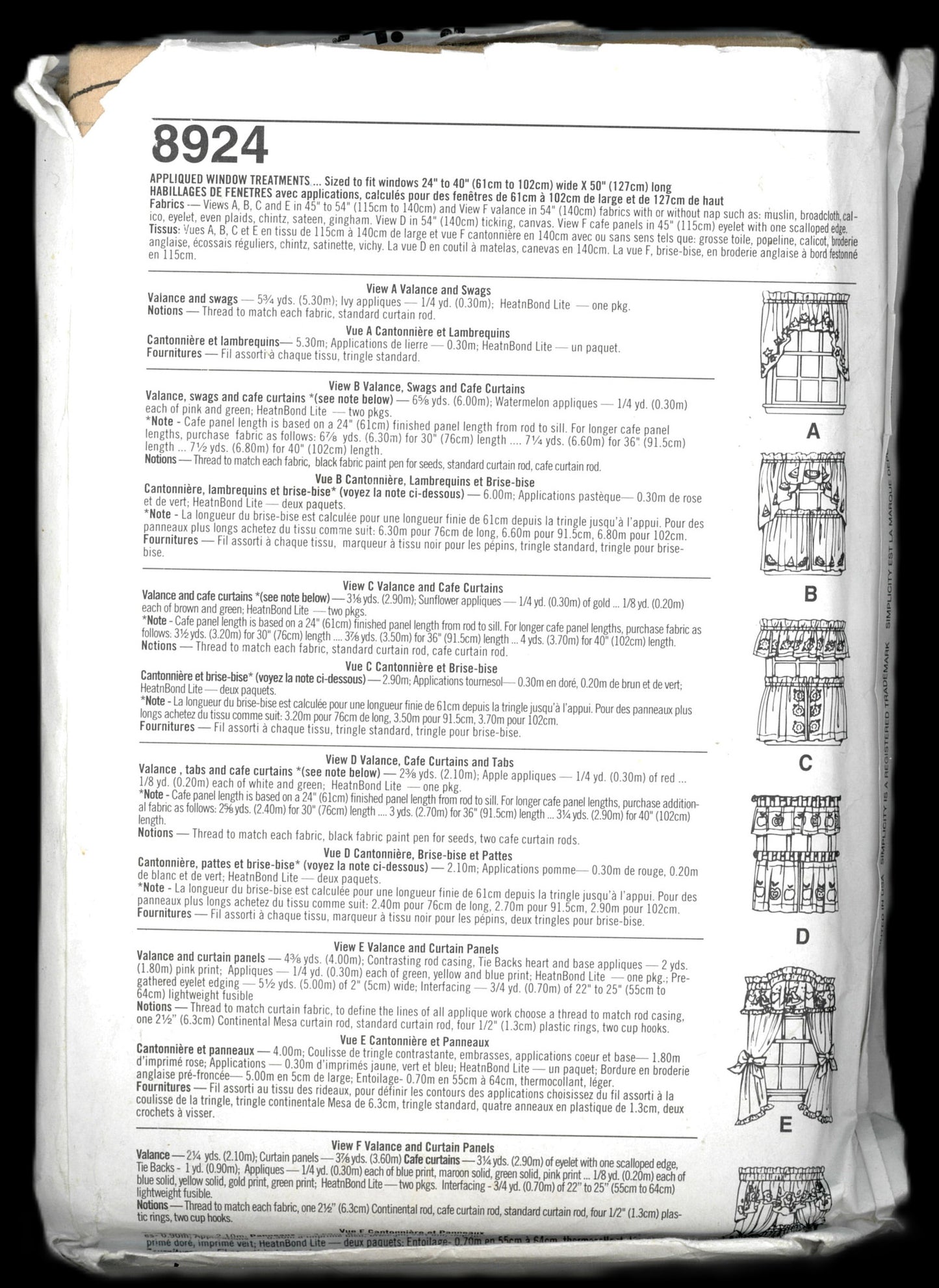 Simplciity 8924 Appliqued WIndow Treatments Sewing Pattern - UNCUT