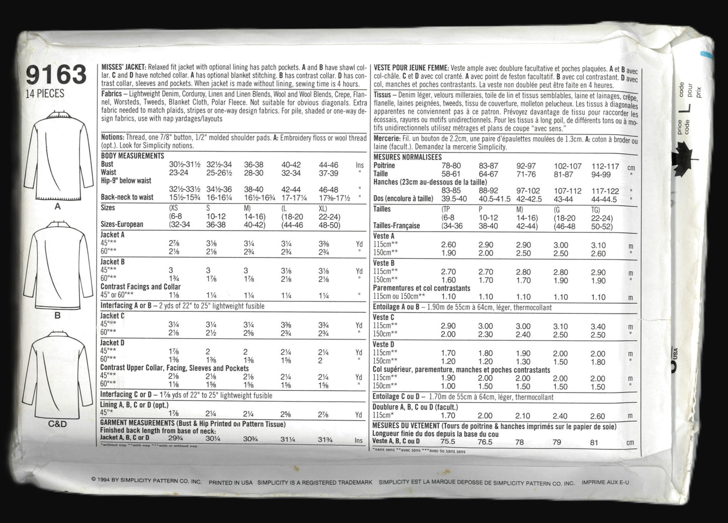 Simplicity 9163 Misses Jacket Sewing Pattern - UNCUT - Size Xs S M