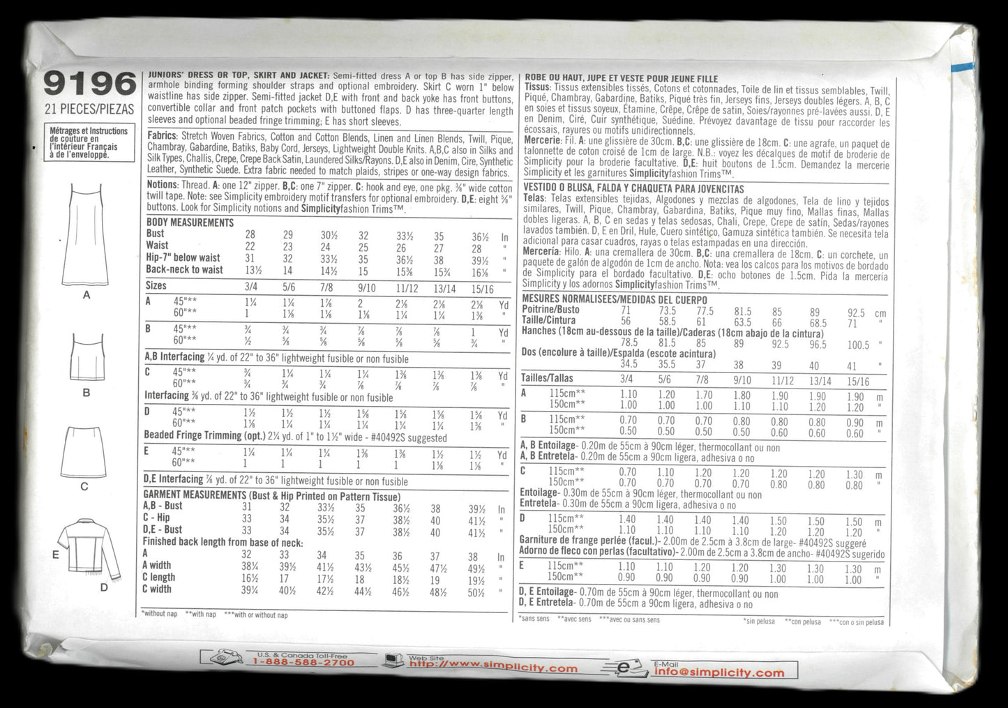 Simplicity 9196 Grooves Juniors or Top Skirt and Jacket Sewing Pattern UNCUT Size 11/12 - 15/16