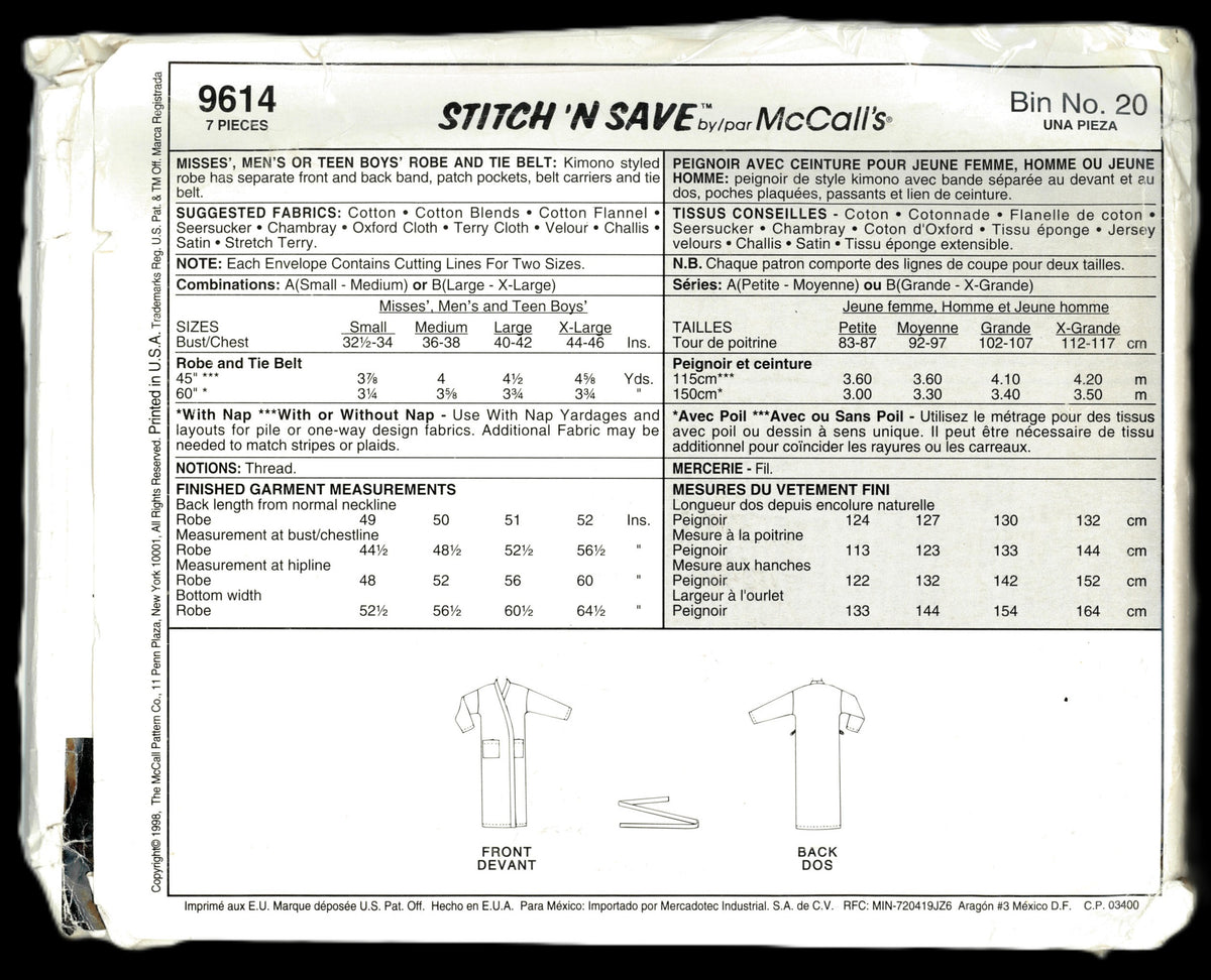 Stitch n Save 9614 Mens Misses or Teen Boys Robe and Tie Belt Sewing Pattern - UNCUT - Size Sml - Med